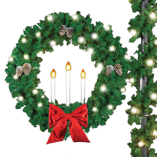 36" Pole Mounted Triple Candle Christmas Wreath with Bow