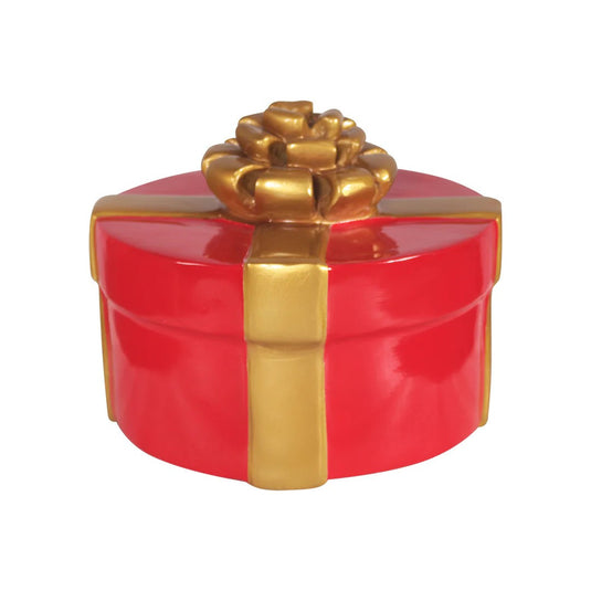 8" Round Red Gift Box with Gold Bow Fiberglass Christmas Decoration