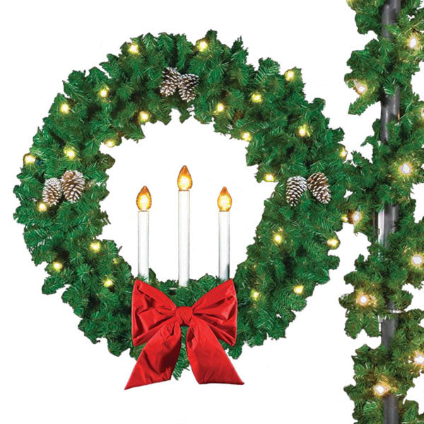 Load image into Gallery viewer, 40&quot; Pole Mounted Triple Candle Christmas Wreath with Bow
